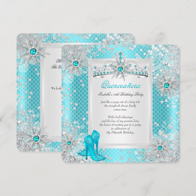 Invitation Quinceanera 15e Région des Merveilles d'hiver bleu (Devant / Derrière)