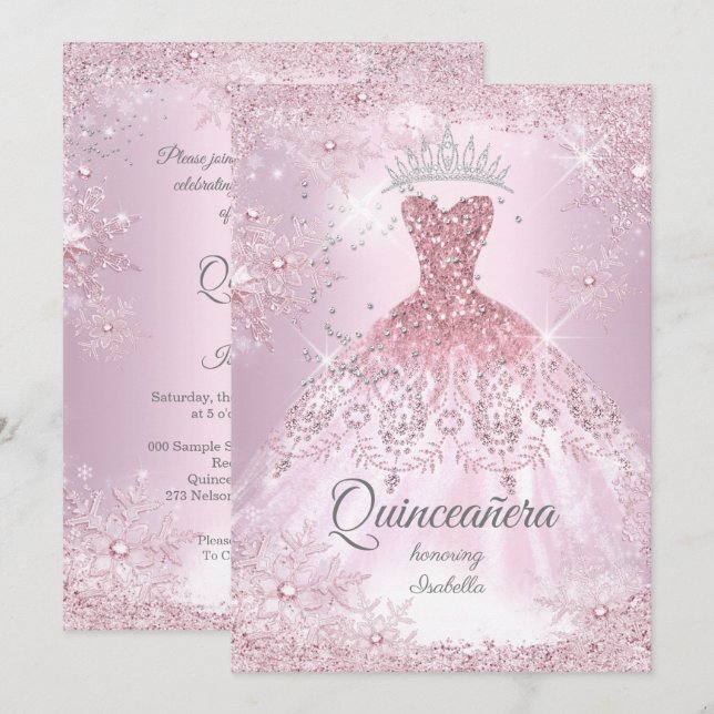 Invitation Quinceanera 15e robe d'hiver de Flèche de neige ro (Devant / Derrière)
