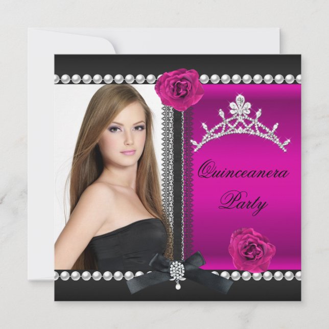 Invitation Quinceanera 15e Rose Rose photo noire (Devant)