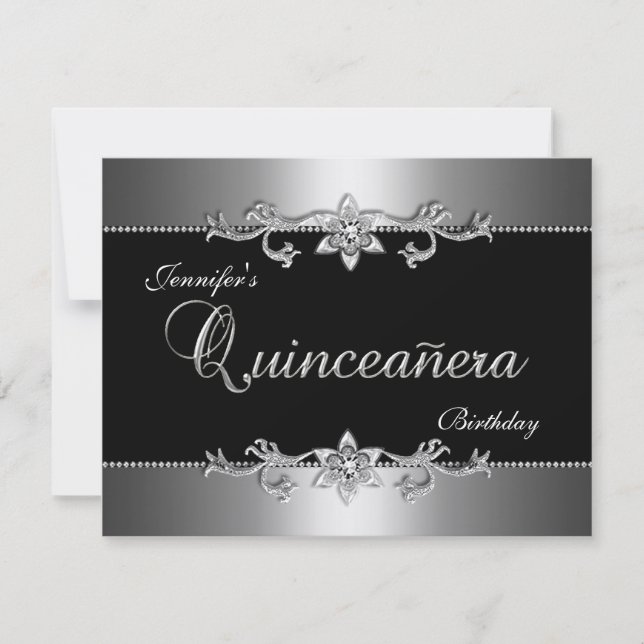 Invitation Quinceanera 15e Soirée de Bijoux en argent noir él (Devant)