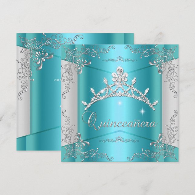 Invitation Quinceanera 15e Tiara en argent bleu Turquoise (Devant / Derrière)