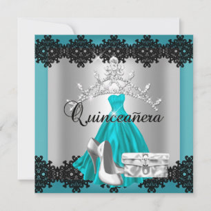 Invitation Quinceanera 15e Tiara Turquoise en argent noir