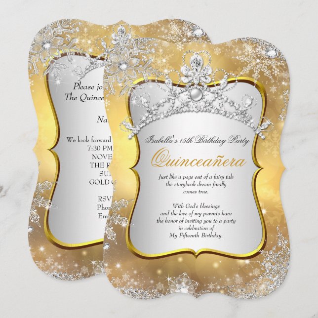 Invitation Quinceanera 15e Winter Wonderland Silver Gold (Devant / Derrière)