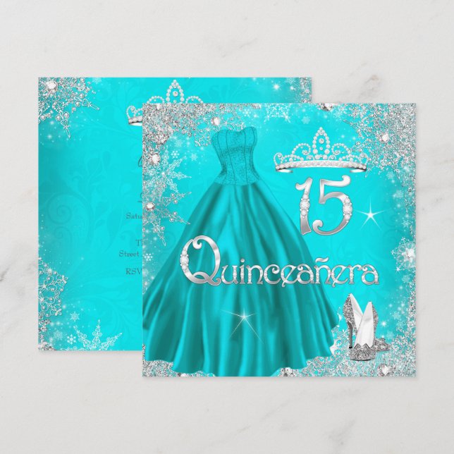 Invitation Quinceanera 15ème Aqua Silver Snowflakes Party 2 (Devant / Derrière)