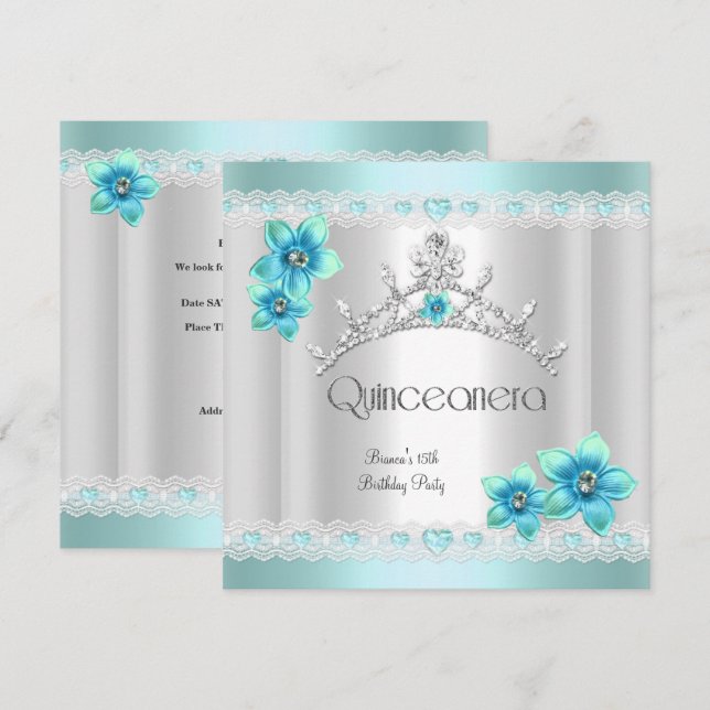 Invitation Quinceanera 15ème Blanc Turquoise Bleu Silver Tiar (Devant / Derrière)