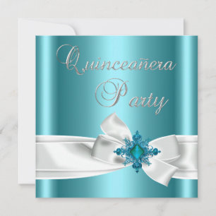 Invitation Quinceanera 15ème Bleu Canard Argent Blanc Nœud