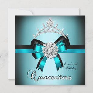 Invitation Quinceanera 15ème Bleu Canard Noir Argent Nœud