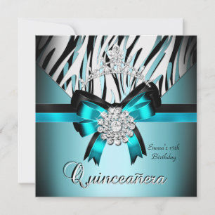 Invitation Quinceanera 15ème Bleu Canard Noir Zèbre Arc Argen