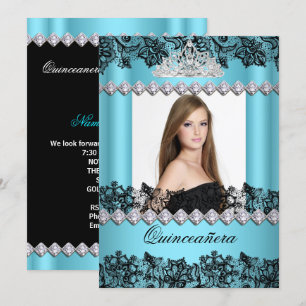 Invitation Quinceanera 15ème Blue Black White Lace Photo