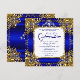 Invitation Quinceanera 15ème Couronne Royale Bleue Perle d'Or