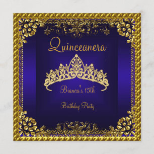 Invitation Quinceanera 15ème Deep Blue Gold Diamond Tiara