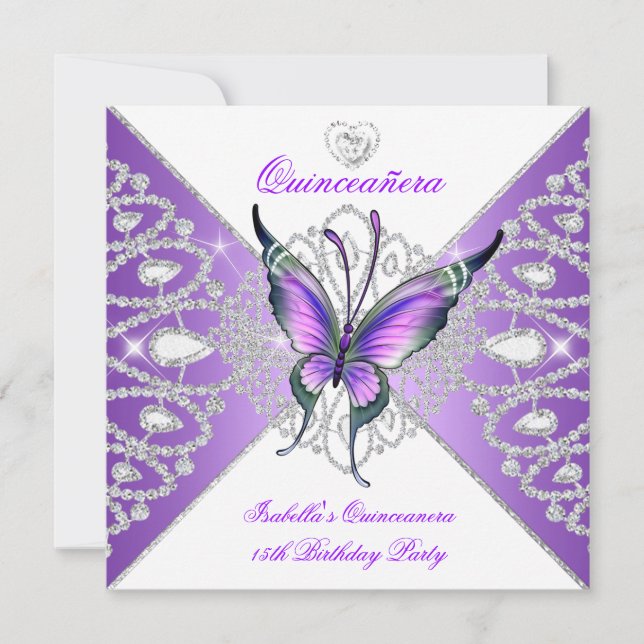 Invitation Quinceanera 15ème Parti Papillon pourpre Tiara 2 (Devant)