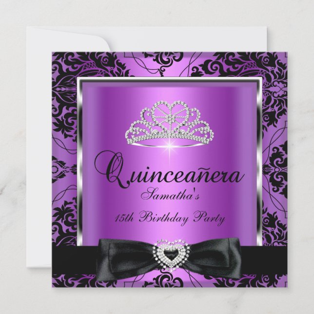 Invitation Quinceanera 15ème Parti Purple Damask Argent Noir (Devant)