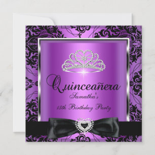 Invitation Quinceanera 15ème Parti Purple Damask Argent Noir