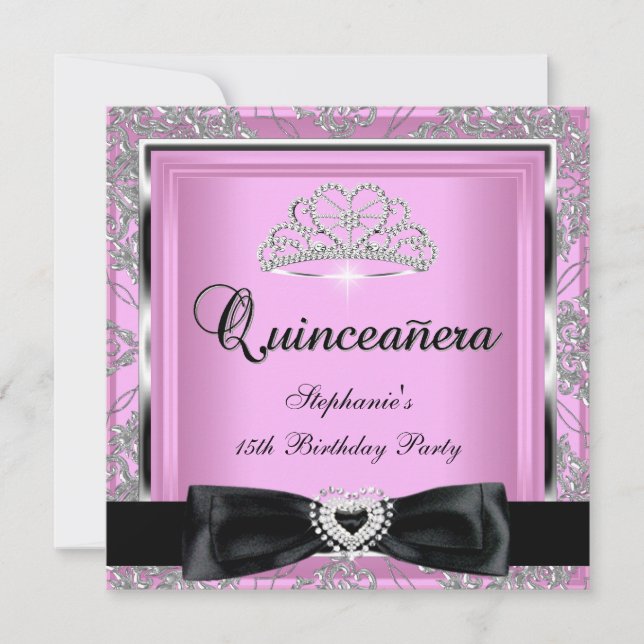 Invitation Quinceanera 15ème Parti rose Damas argent noir (Devant)