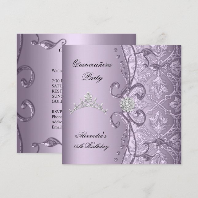 Invitation Quinceanera 15ème partie Damask Lilac Jewel Image (Devant / Derrière)