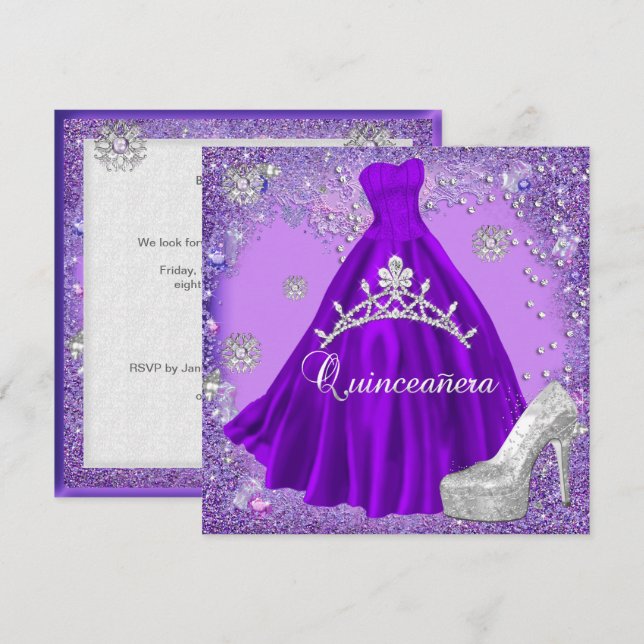 Invitation Quinceanera 15ème Partie Purple Tiara Robe Chaussu (Devant / Derrière)