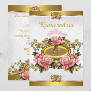 Invitation Quinceanera 15ème Roses Roses Élégantes Blanc Or R