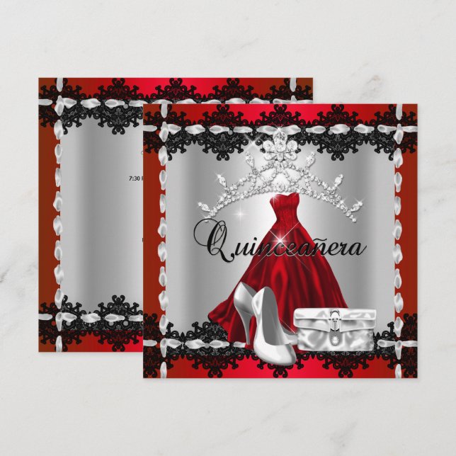 Invitation Quinceanera 15ème Rouge Noir Diamant d'Argent Tiar (Devant / Derrière)