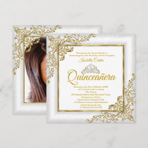 Invitation Quinceanera 15ème Tiare de perles blanches or Phot