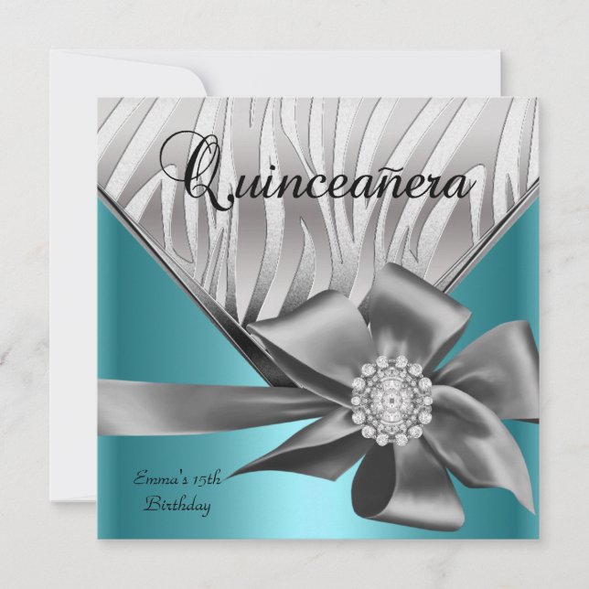Invitation Quinceanera 15ème Turquoise bleu gris argenté Bow (Devant)