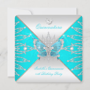 Invitation Quinceanera 15ème Turquoise Bleu Papillon Argent T