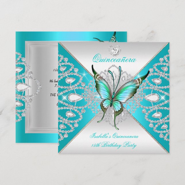 Invitation Quinceanera 15ème Turquoise Bleu Papillon Argent T (Devant / Derrière)
