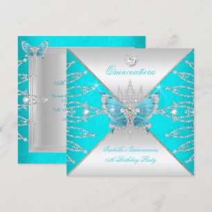Invitation Quinceanera 15ème Turquoise Bleu Papillon Argent T
