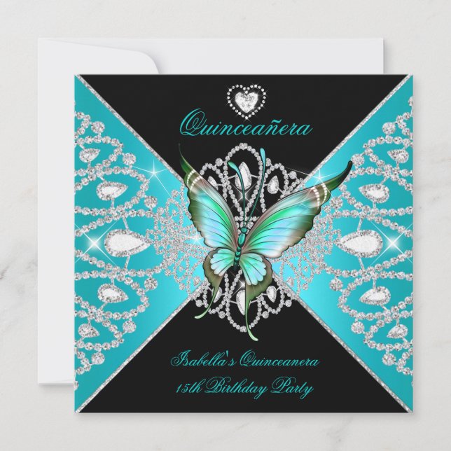 Invitation Quinceanera 15ème Turquoise Bleu Papillon noir Tia (Devant)