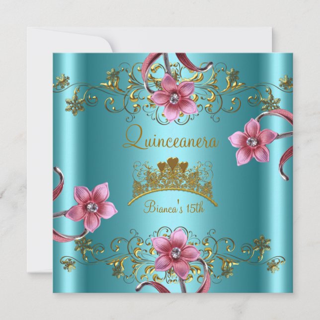 Invitation Quinceanera 15ème Turquoise bleu rose Fleurs Or Ti (Devant)