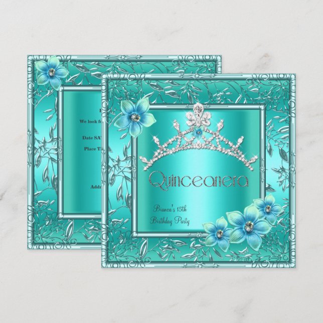 Invitation Quinceanera 15ème Turquoise Fleur bleue Silver Tia (Devant / Derrière)