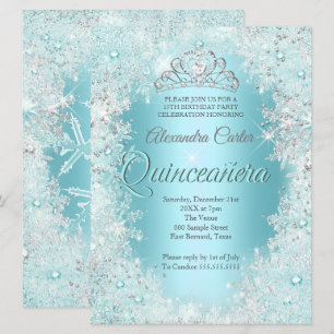 Invitation Quinceanera 15th Pretty Silver bleu Turquoise Floc