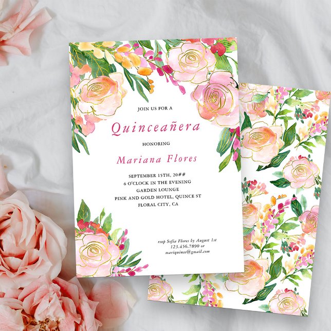 Invitation Quinceanera à la florale rose et or (Quinceanera Invitation from my Floral Chic Quinceanera Collection)
