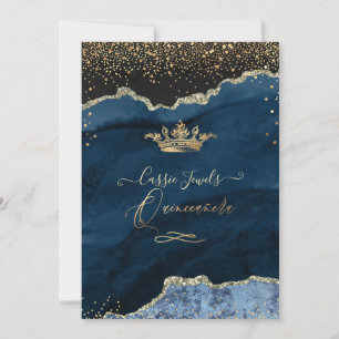 Invitation Quinceanera Agate Bleu Ardoise Faux Or Poussière