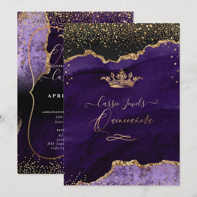 Invitation Quinceanera, Agate Violet Faux Gold Confetti (Devant / Derrière)