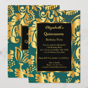 Invitation Quinceanera Annithday Party or Turquoise noir flor