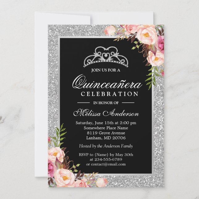 Invitation Quinceanera Anniversaire Argent Parties scintillan (Devant)