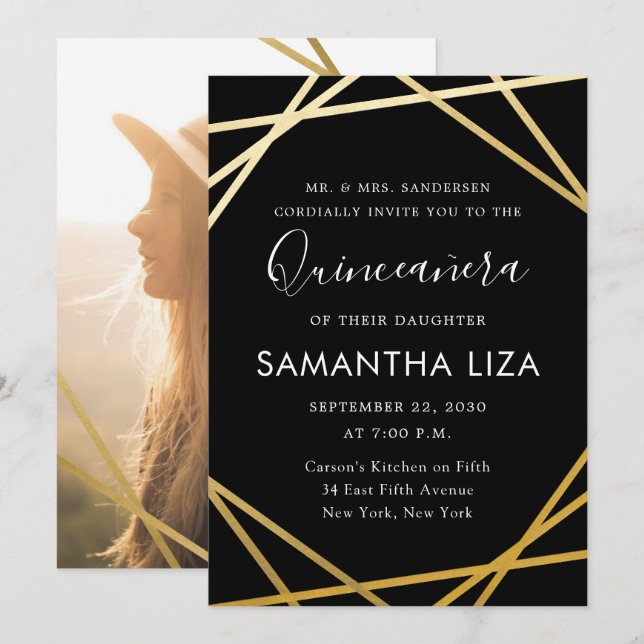 Invitation Quinceañera Anniversaire Black Gold Photo moderne (Devant / Derrière)
