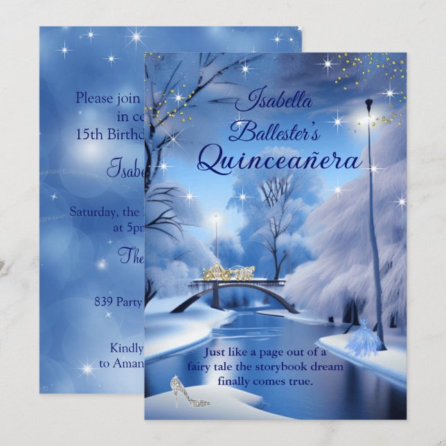 Invitation Quinceanera Anniversaire bleu Fairytale Robe de tr (Devant / Derrière)