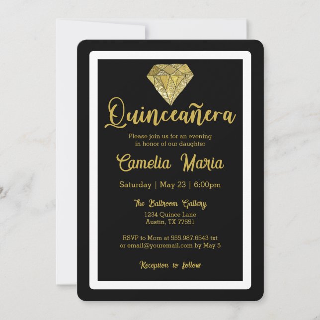 Invitation Quinceañera Anniversaire Diamond Glam Black Gold (Devant)
