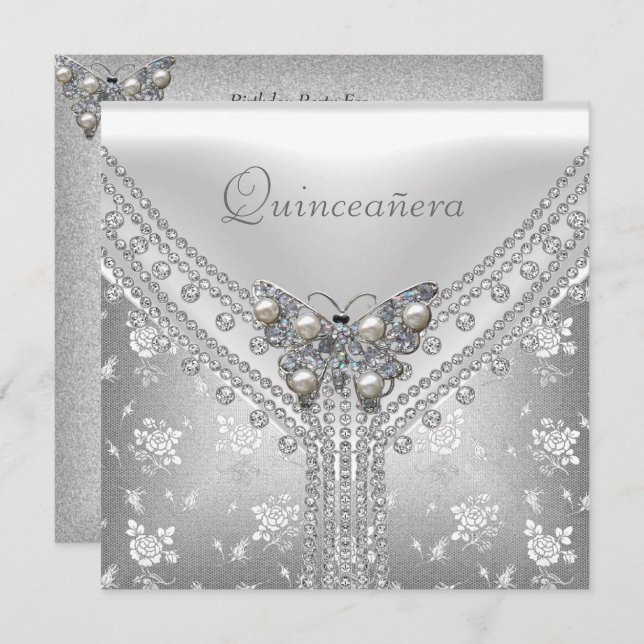 Invitation Quinceanera Anniversaire Fête Argent Blanc Papillo (Devant / Derrière)