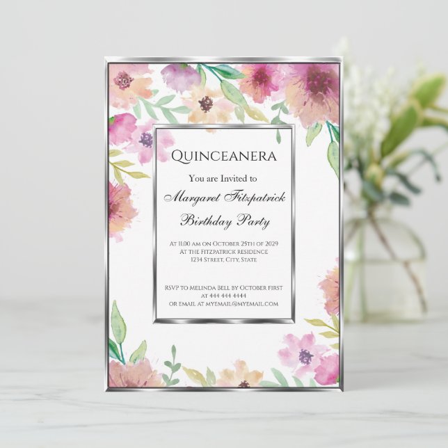 Invitation Quinceanera anniversaire fête fleurs roses (Debout devant)