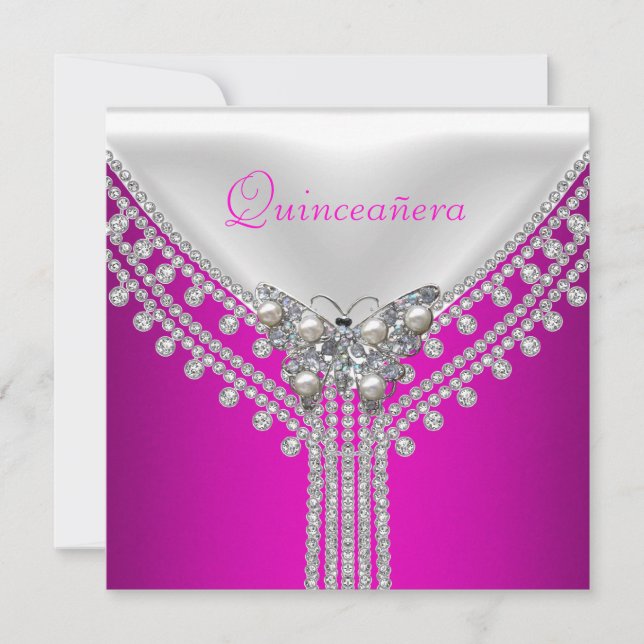 Invitation Quinceañera Anniversaire Fête Pink Blanc Papillon (Devant)