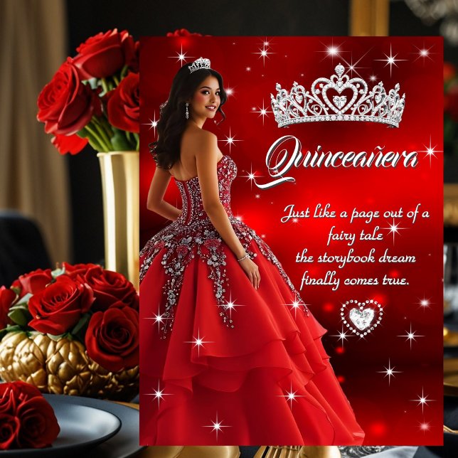 Invitation Quinceanera Anniversaire Fête Robe Rouge Argent Ti (Créateur téléchargé)