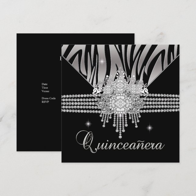Invitation Quinceanera Anniversaire Partie Diamond Black Zebr (Devant / Derrière)
