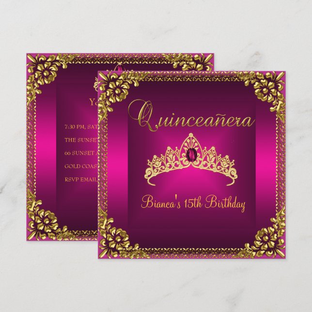 Invitation Quinceanera Anniversaire Pink Tiara Gold Bijou Gem (Devant / Derrière)