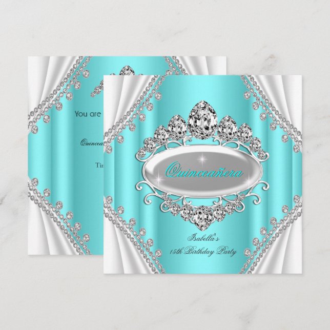 Invitation Quinceañera Anniversaire Princesse Diamant Turquoi (Devant / Derrière)