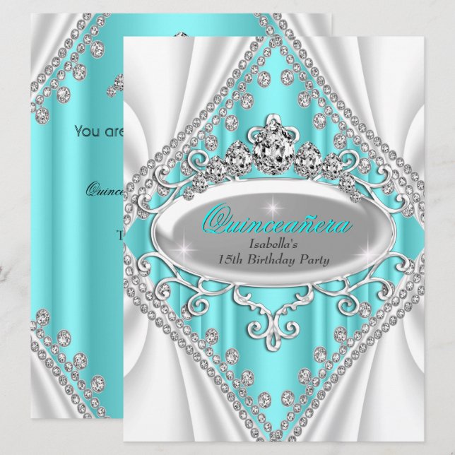 Invitation Quinceanera Anniversaire Princesse Diamant Turquoi (Devant / Derrière)