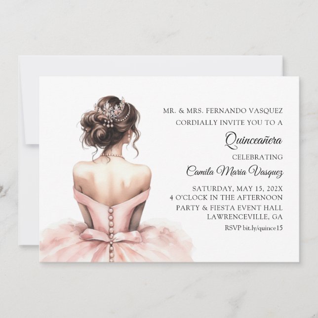 Invitation Quinceañera Anniversaire Princesse Rose (Devant)