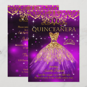 Invitation Quinceanera Anniversaire Purple Magenta Tiara Gold